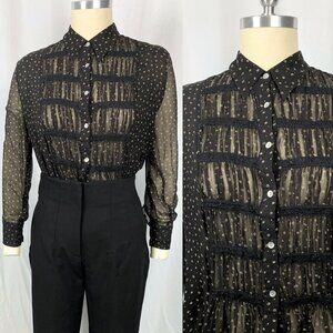 Vintage Y2K Edward elaborate sheer silk dandy ruffle black collar blouse large